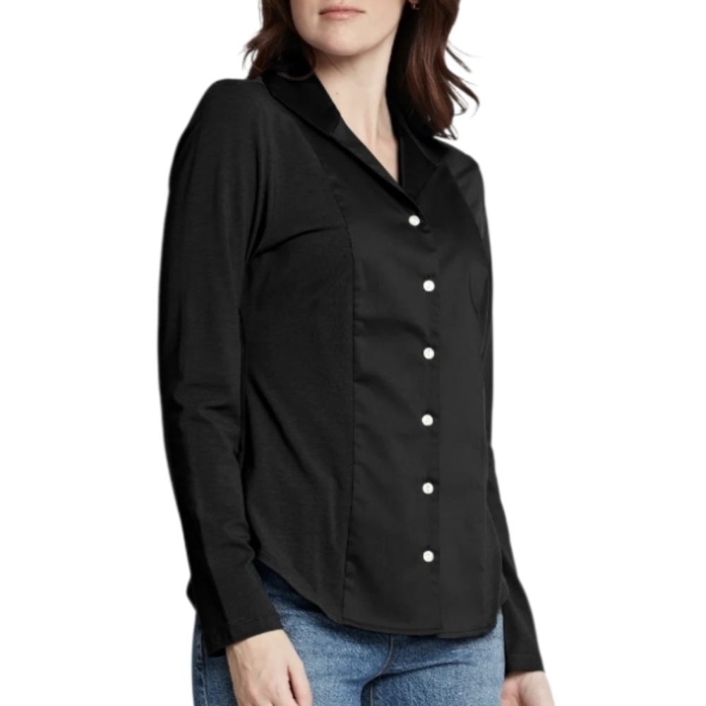 Hinson Wu M Donna Long Sleeve Wing Collar "T" Shirt Black Blouse Top